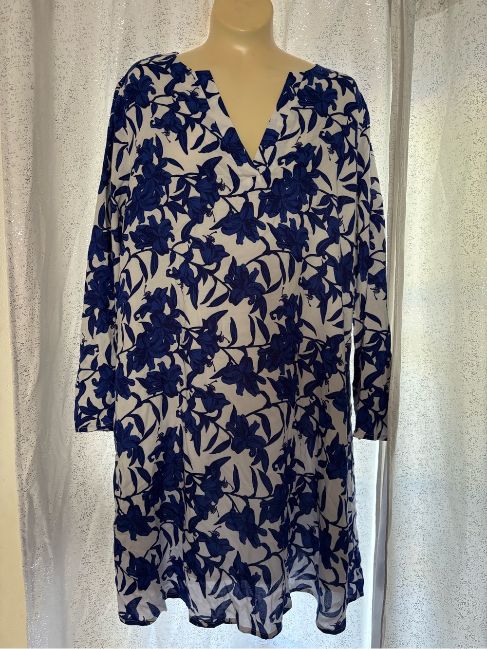 White and Blue Floral V-Neck Women's Dress